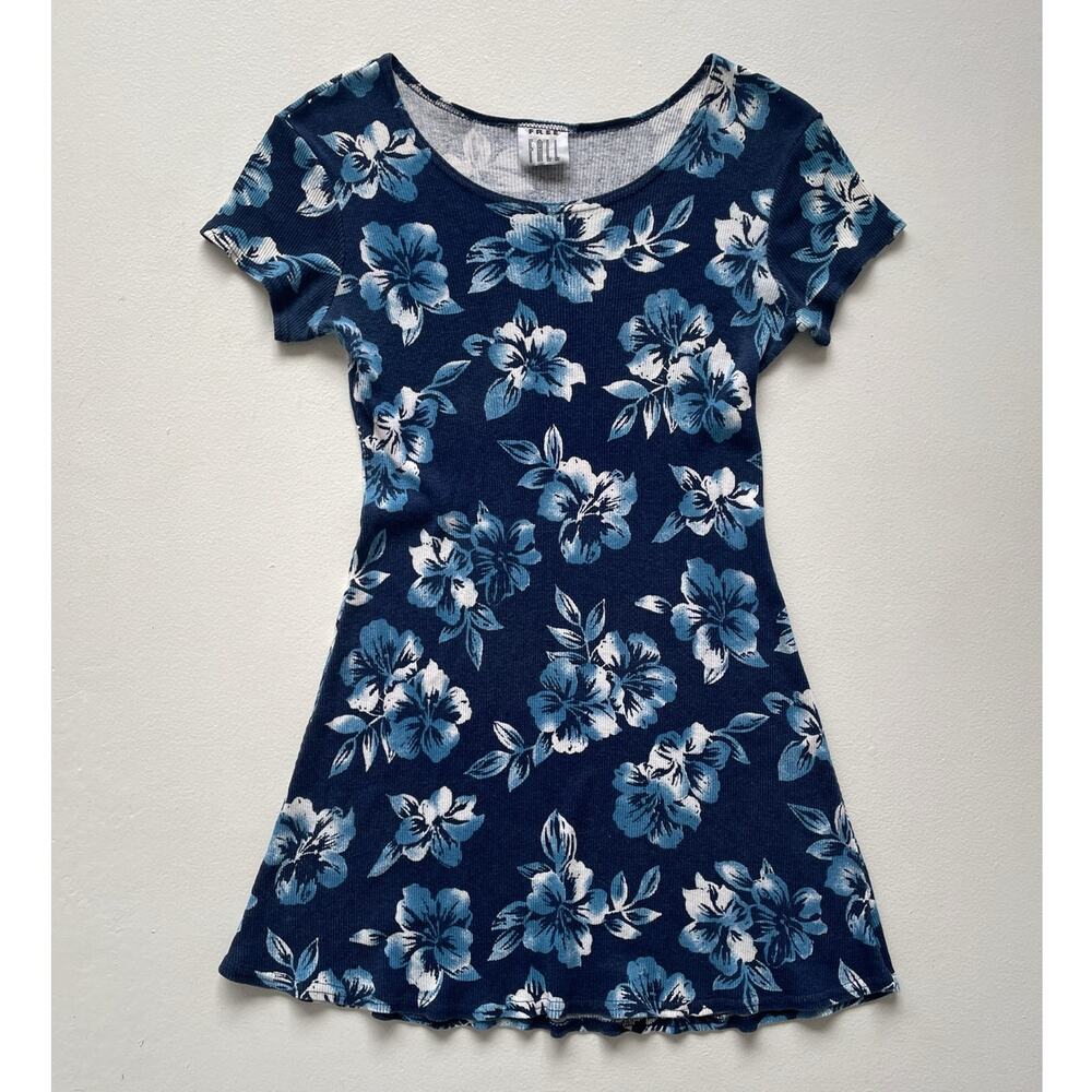 Vtg 90s Blue Floral Ribbed Short Sleeve Mini Dress / Sz L / Surf Grunge